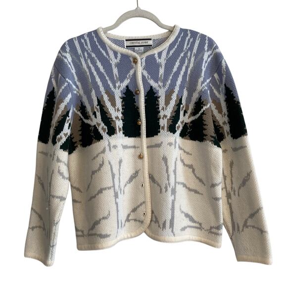 Vintage Sweaters - Vintage 90s Winter Forest Scene Cardigan Birch Trees Sz M